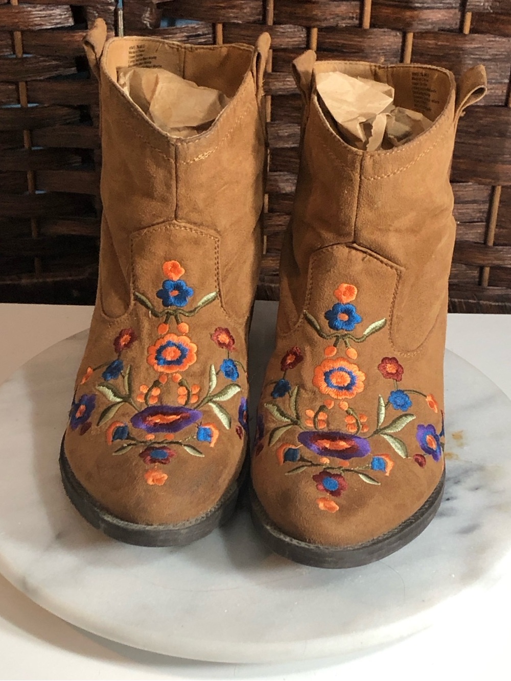 Mudd Tan Suede Ankle Boots with Blue & Orange Floral Embroidery